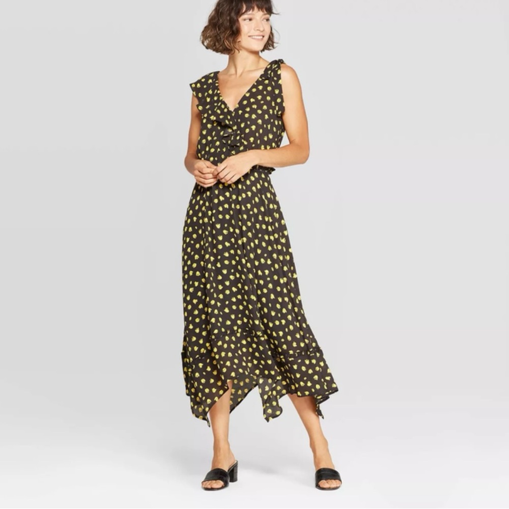 Who What Wear Black and Yellow Asymmetrical Wrap Sundress